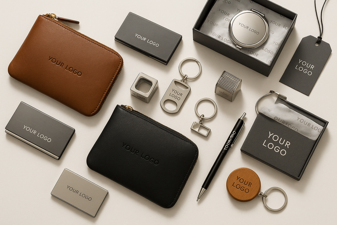 A conceptual image of various customized lifestyle products on a clean white table: leather pouches, business card holders, novelty items, and small gifts. Branded packaging elements visible. Soft shadows, top-down view, professional and corporate feel.